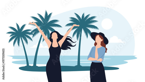 Silhouette illustration of two young women enjoying a relaxing tropical vacation on a beach with palm trees and a sunset glow.