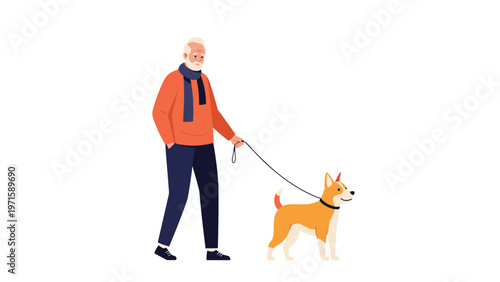 Active senior man takes a leisurely stroll while walking his loyal dog on a leash in a simple and clean vector illustration style.