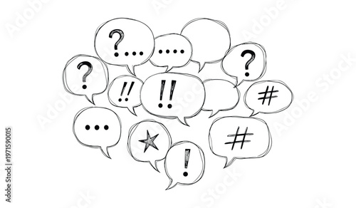 Black and white speech bubbles with various punctuation marks and symbols