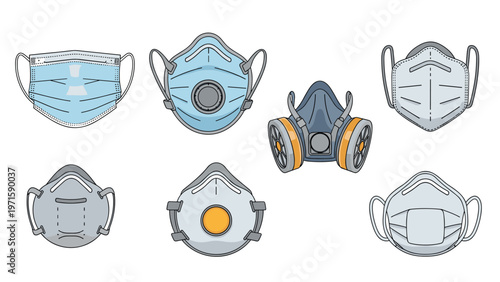 Diverse collection of protective face masks including medical, surgical, and industrial respirator types for health and safety.