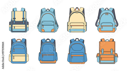 Group of various school backpacks in different colors and designs, perfect for back to school and educational equipment themes.