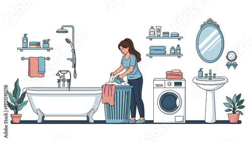 Woman doing laundry chores in a clean, organized bathroom with a bathtub, washing machine, and various hygiene products.