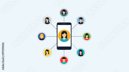 Social networking and digital connectivity concept showing people icons linked in a network around a central smartphone.