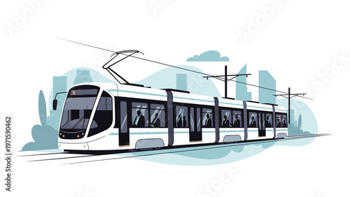 Modern electric tram traveling on tracks through a minimalist city skyline with passenger silhouettes visible inside.