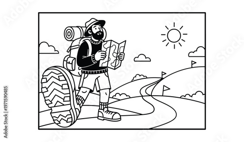 Black and white of hiker reading map on mountain trail with sun and clouds backpack mountains