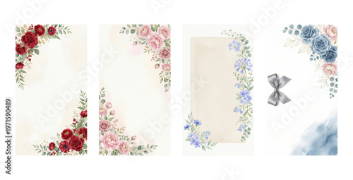 Set of elegant watercolor floral frames for wedding invitations and social media stories
