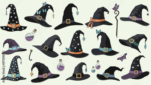 Magical collection of wizard and witch hats in various colors with stars, butterflies, and potions for fantasy stories.