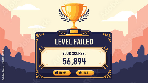 Video game level failed screen design with a gold trophy, score display, and home buttons over a city sunset background.