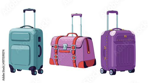 Set of three modern suitcases in different styles and colors for vacation, travel, and international journey planning.