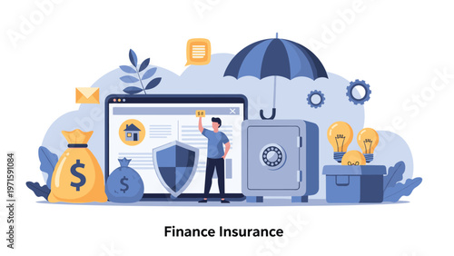 Financial insurance and asset protection concept showing a person with a shield, safe, umbrella, and money bags for risk management.