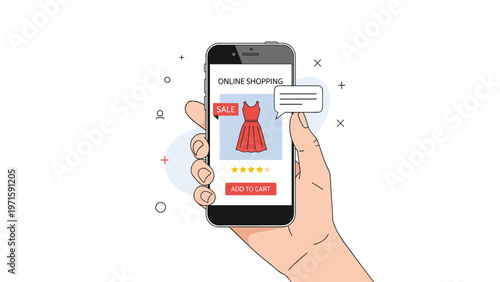 Mobile shopping concept with a hand holding a smartphone displaying a red dress on sale with ratings and chat support.