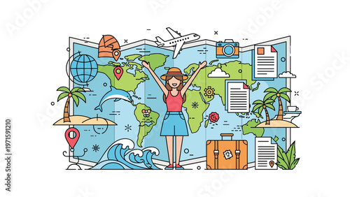 Cheerful woman traveler standing in front of a world map with icons for adventure, photography, and beach vacations.