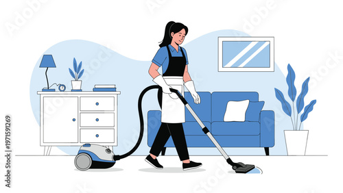 Housekeeping service concept showing a woman in a professional uniform using a vacuum cleaner in a modern living room.