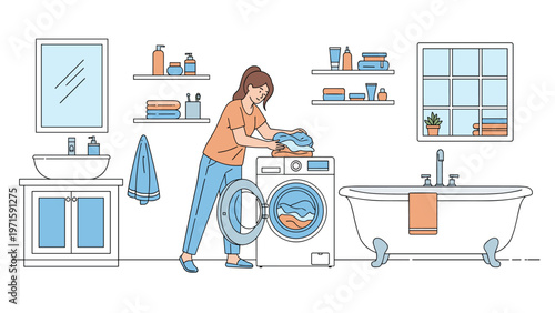 Young woman doing laundry in a neat bathroom setting featuring a washing machine, bathtub, and organized shelves.