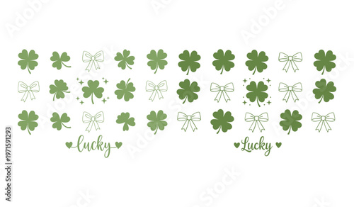 Green four-leaf clovers and bow ribbons with lucky text for st patrick's day