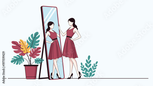 Confident woman admires her reflection in a large floor mirror while wearing a stylish red dress in a bright room with potted plants.