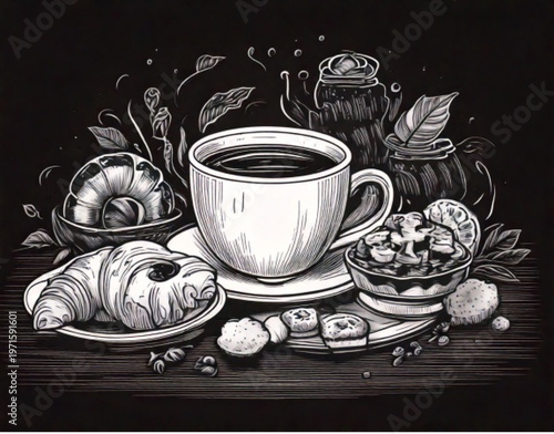 Black and white illustration of a cup of coffee with pastries and fruit.