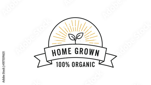 Circular logo badge for home grown and one hundred percent organic products featuring a small sprout and golden sun rays on a white background.