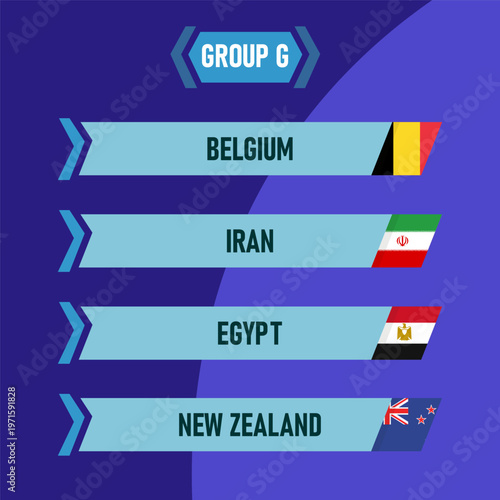 Group G featuring Belgium, Iran, Egypt, and New Zealand national teams and flags on a dark blue background.