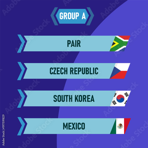 Group A featuring South Africa, Czech Republic, South Korea, and Mexico national teams and flags on a dark blue background.