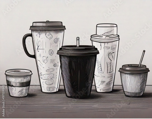 Collection of assorted disposable coffee cups with lids and straws.