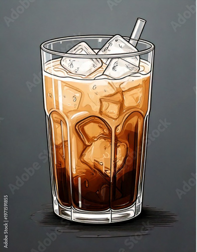 Refreshing iced coffee drink with milk and ice cubes.
