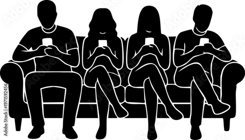 Smartphone Addiction Concept Silhouette, People Sitting on Sofa Using Mobile Phones Social Disconnection Illustration