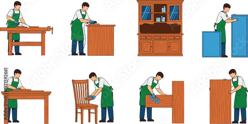 Cartoon carpenter working woodworking tools, furniture making process, sanding cutting assembling wood, craftsman workshop illustration, DIY carpentry concept set