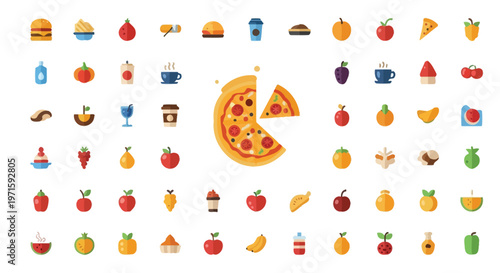 Colorful assortment of flat design food icons including pizza fruits and desserts