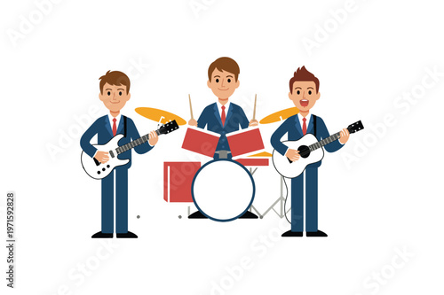 Three cartoon businessmen playing music instruments in suits musicians guitar drums band illustration vector
