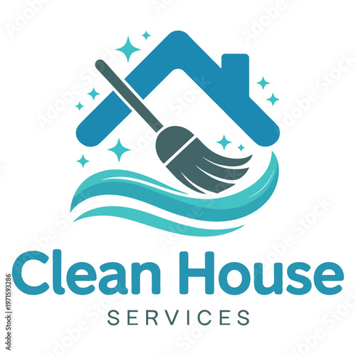 Clean house services logo featuring a broom and mop with a house silhouette