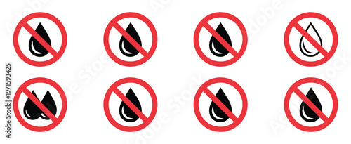 No water drop icons in red prohibition circles, wet warning symbols, no liquid allowed sign, moisture restriction indicator, water drop crossed out icons, safety and hazard prevention concept, vector
