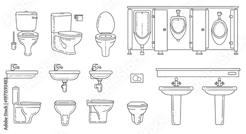 Toilet and bathroom fixture outline icon set with sanitary equipment collection