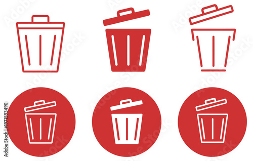 Bin signs rubbish recycling delete bucket illustration set buttons graphic junk disposal, collection of waste management icons including trash bins recycle symbols and delete buttons for apps websites