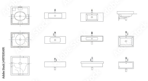 Bathroom sink top and front view technical drawing set