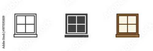 Window frame icon set with panes in line, outline and solid styles. Window icon with editable stroke vector sign, minimal home symbol, clean architectural element icon.