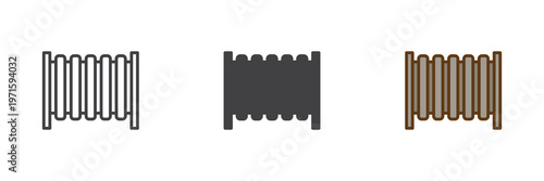 Heating radiator icon set in line, outline and solid styles. Radiator icon with editable stroke vector sign, temperature control symbol, home heating system icon.