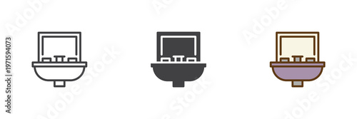 Bathroom sink with mirror icon set in line, outline and solid styles. Sink icon with editable stroke vector sign, hygiene symbol, bathroom fixture icon.