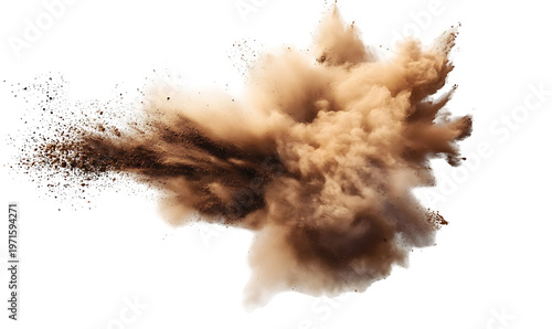 Explosion of brown soil particles and dust cloud isolated on transparent background png. png