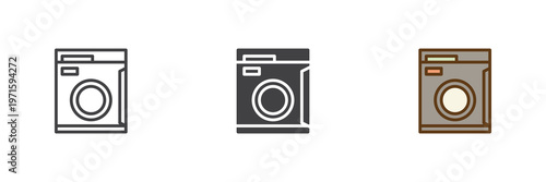 Washing machine icon set in line, outline and solid styles. Washer icon with editable stroke vector sign, laundry appliance symbol, home cleaning icon.