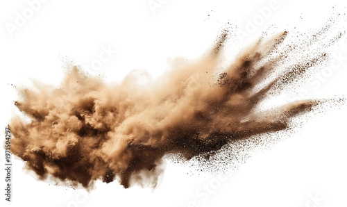 Horizontal burst of dry sand and brown earth particles against transparent backdrop png. png