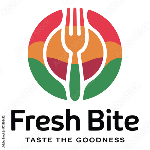 Fresh bite logo featuring fork and vibrant colors with slogan taste the goodness