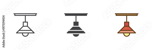 Ceiling lamp icon set in line, outline and solid styles. Lamp icon with editable stroke vector sign, lighting symbol, home ceiling fixture icon.