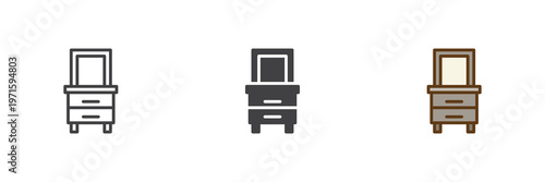 Nightstand with mirror icon set in line, outline and solid styles. Nightstand icon with editable stroke vector sign, bedroom furniture symbol icon.