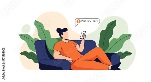 Person resting on sofa applying for paid sick leave via smartphone