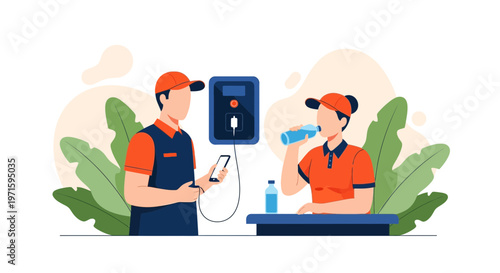 Service workers taking a break at a mobile charging and water station