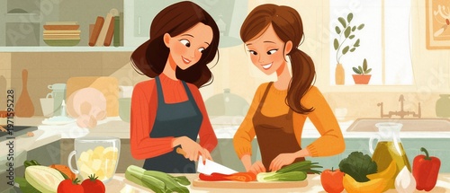 Two women preparing a meal together in a kitchen with fresh ingredients
