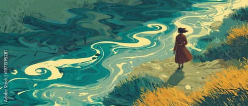 Woman walking along a riverbank with water flowing beside her