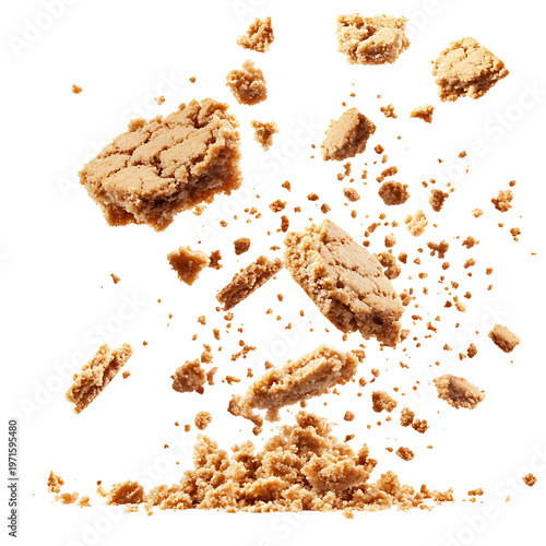 Scattered cookie fragments and crumbs in air over a pile, food element. png