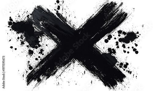 Black ink cross brush stroke with splatters abstract background. png